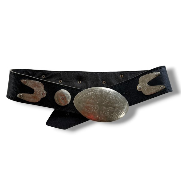 Unbranded Accessories - Vintage 1980s Black Genuine Leather Moroccan Concho Waist Belt Wide Silver Tone